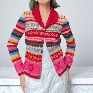 Vintage Liz Claiborne Red and Pink Cardigan Sweater Fair Isle Wool Blend XS
